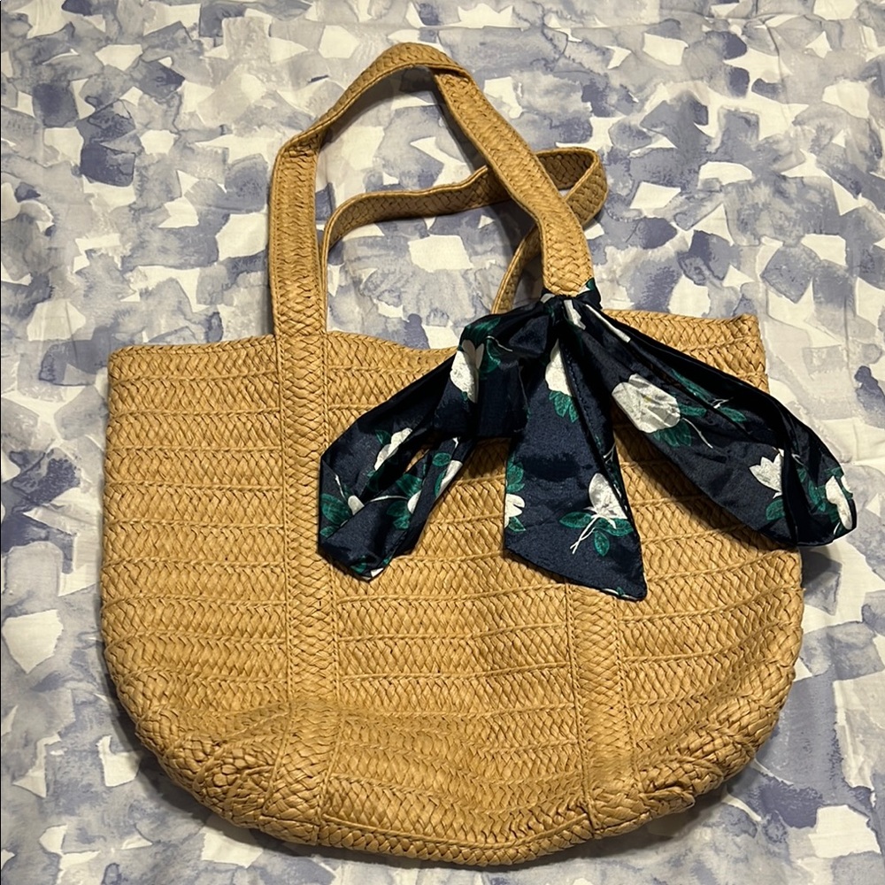 Tan Woven Tote Bag with Floral Scarf Accent